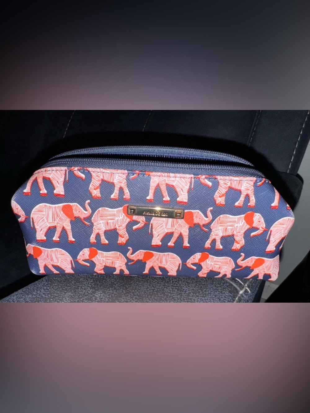 Stella & Dot Navy Pouch with Coral Elephant Motif